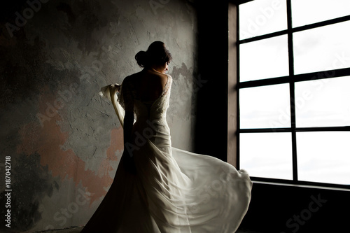 Beautiful Bride Portrait. Beautiful bride whirls her wedding dress.