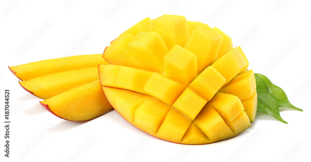 mango slice with green leaves isolated on white background. top view
