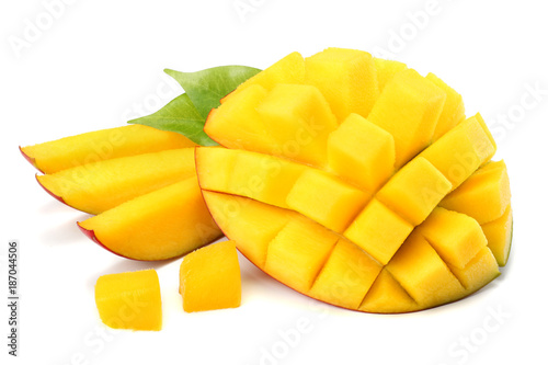 mango slice with green leaves isolated on white background. top view