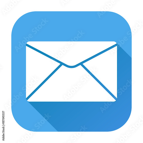 Envelope icon. Mail symbol. White silhouette on blue square background