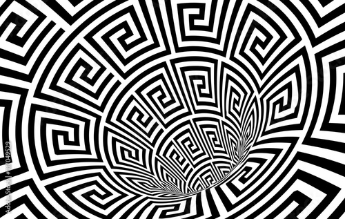Geometric Black and White Abstract Hypnotic Worm-Hole Tunnel - Optical Illusion - Vector Illusion Meander Patterned Op Art
