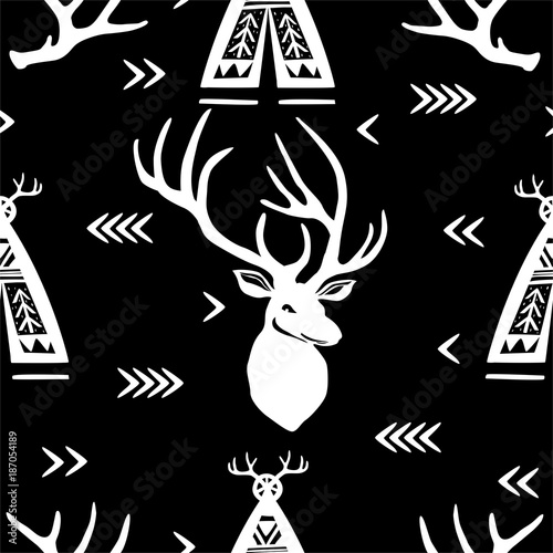 Seamless pattern with Deer heads and wigwams