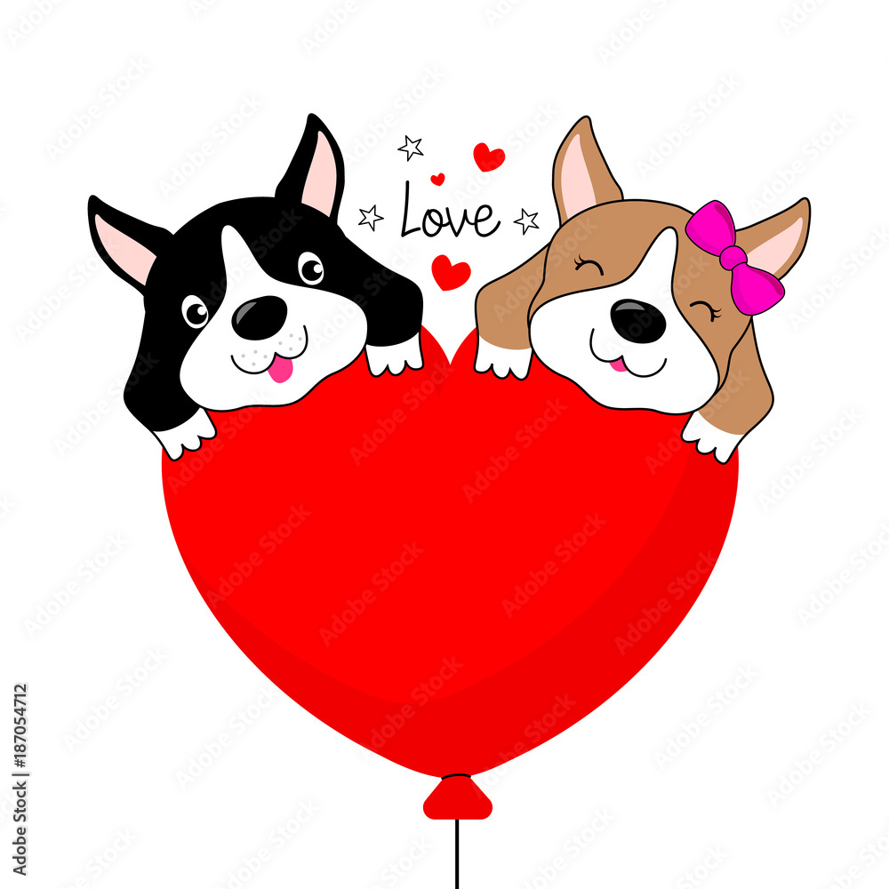 Funny cartoon dogs characters. Two dogs in love with heart shape balloon. Vector illustration isolated on white background.