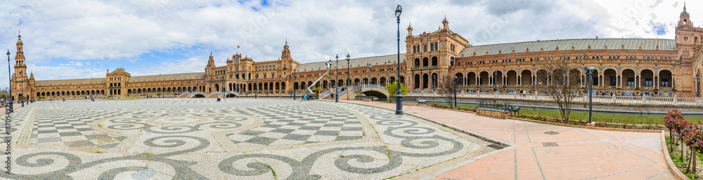Panoramic view of Plaza España in Seville, Spain