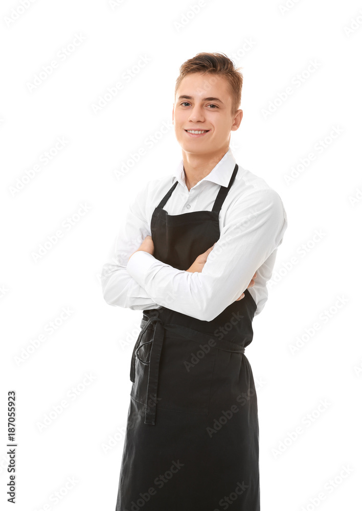 Handsome young waiter on white background Handsome young waiter on white background