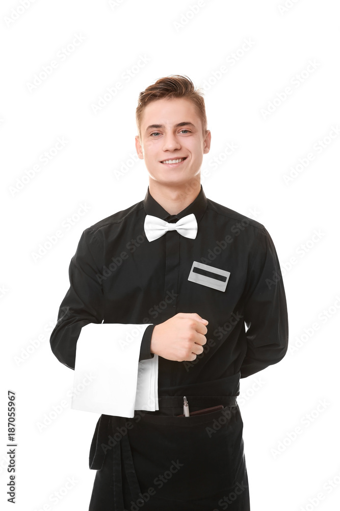Handsome young waiter on white background Handsome young waiter on white background