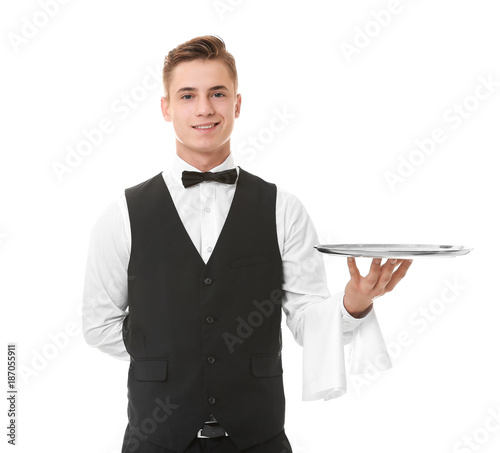 Waiter with metal tray on white background photo