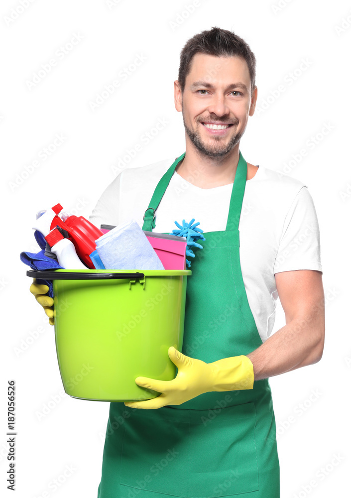 Young professional with cleaning supplies, isolated on white Young professional with cleaning supplies, isolated on white