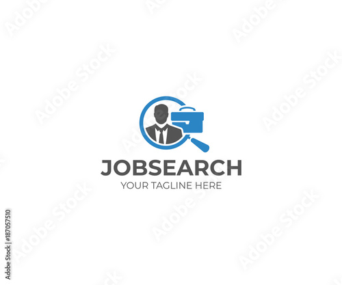 Job Search Logo Template. Loupe and Businessman Vector Design. Magnifier and Briefcase Illustration