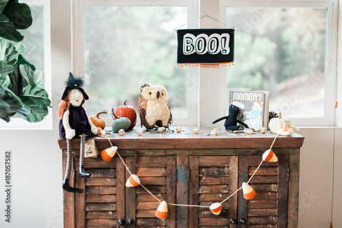 Rustic Halloween Home Decor Display with Seasonal Decorations