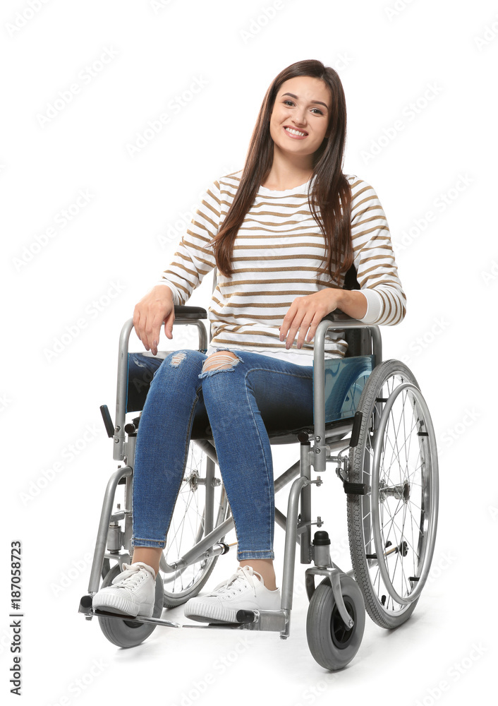 Young woman in wheelchair on white background Young woman in wheelchair on white background