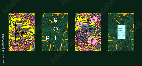 Tropic set of 4 templates. Summer vibes leaf background. Vector illustration.