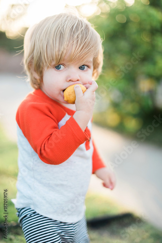 Young Boy Eating Lemon Outdoors