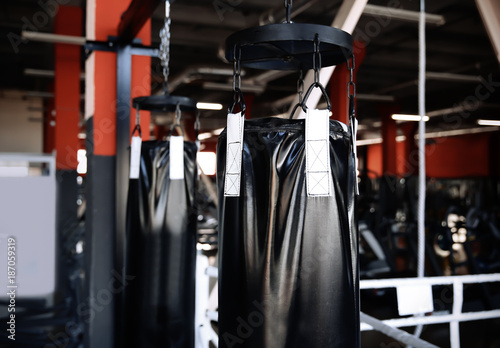 View of punchbags in boxing gym