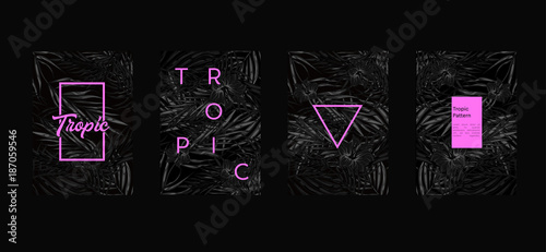 Tropic set of 4 templates. Summer vibes leaf background. Vector illustration.