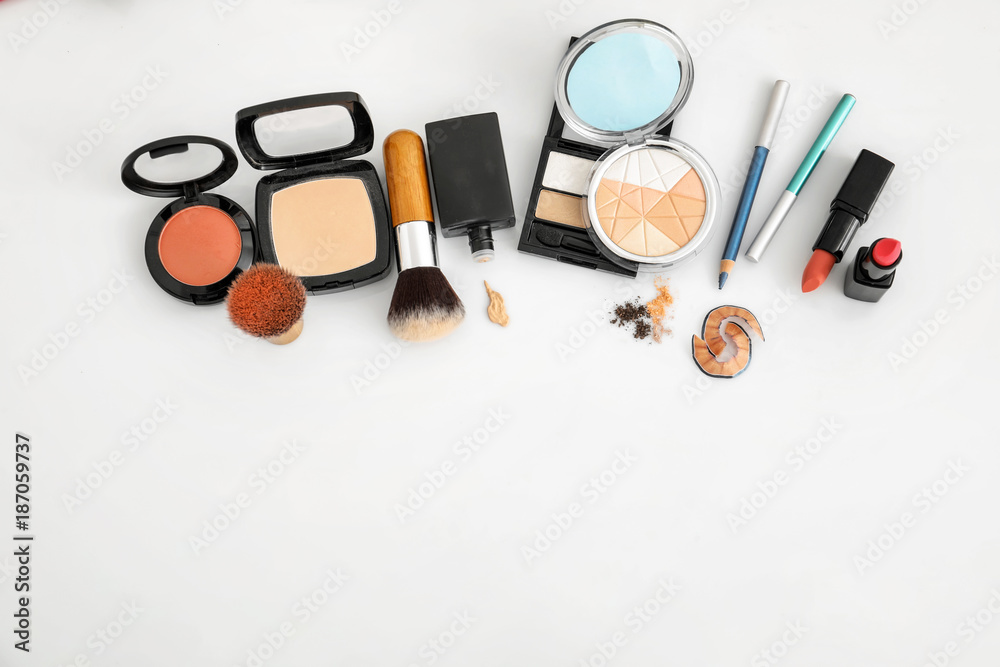 Makeup items on white background. Professional visage artist set Stock  Photo | Adobe Stock