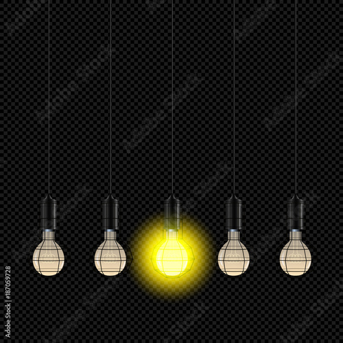 Alone Lamp Shine among Extinct on Transparent Background - Concept Vector Yellow Radiant Lampbulbs Halo
