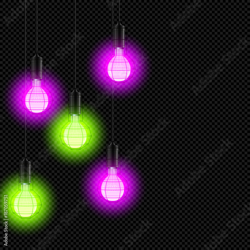 Pink and Green Lamp Shine  on Transparent Background - Vector Radiant Lampbulbs Halo
