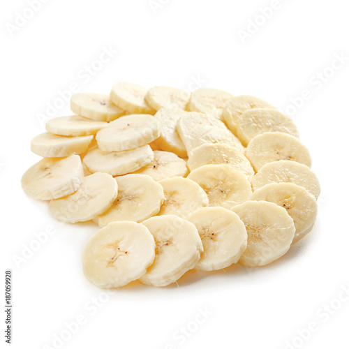 Banana slices on white background