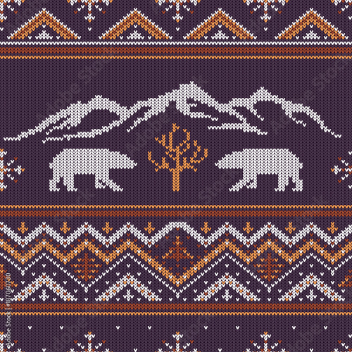 Winter knitted woolen pattern with polar bears on a background of snow-capped mountains