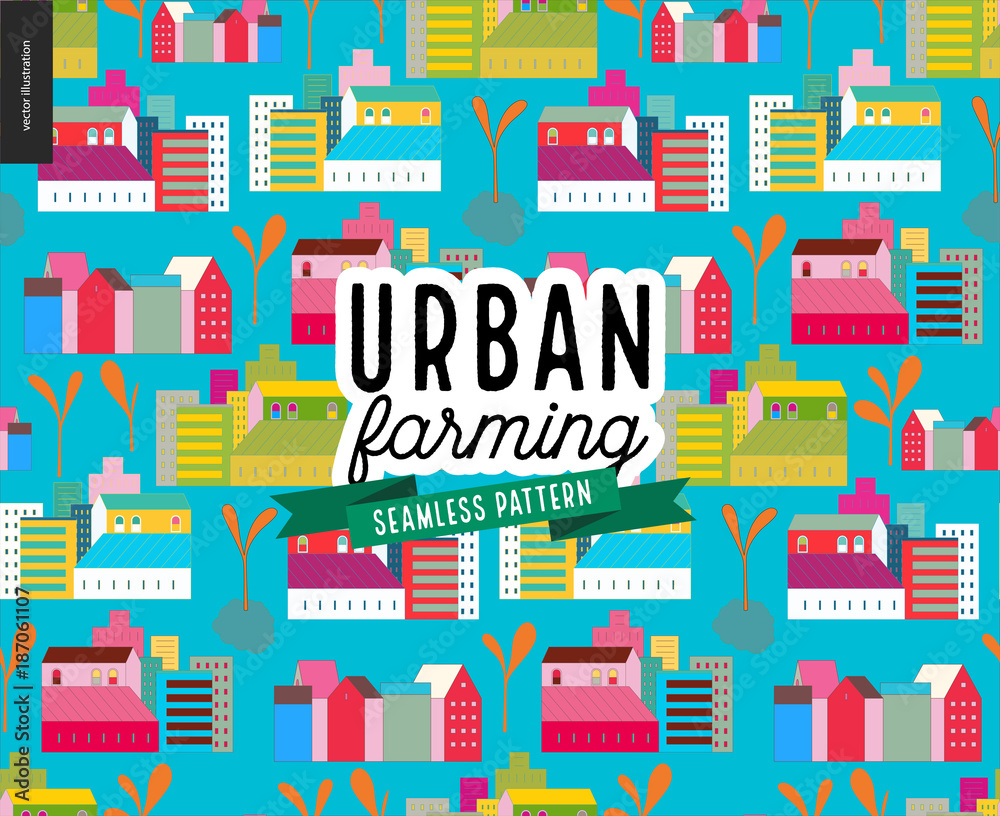 Urban farming, gardening or agriculture. Seamless pattern of houses and sprouts.