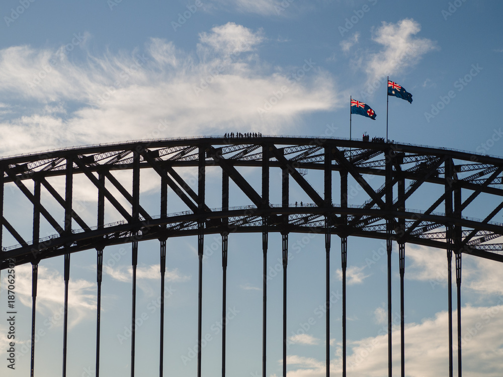 The Australian flag flies above the Sydney Harbour bridge in Australia. The Australian flag flies above the Sydney Harbour bridge in Australia.