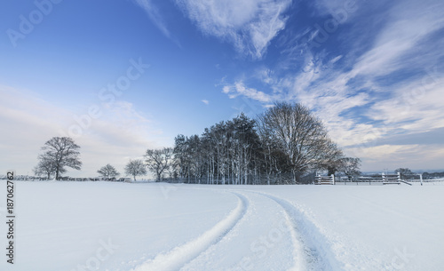 British Countryside Fields in Snow at Winter