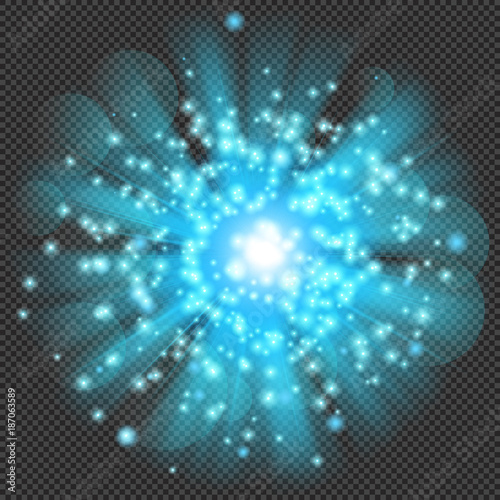 Blue Shine Flare Flash with Sparks and Bokeh Effect on Transparent Background  - Vector Radiant Sparkle  