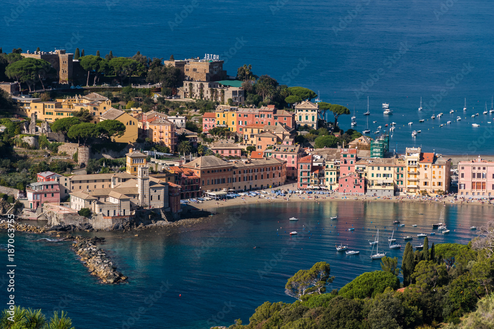 The seafront and the beach of Sestri Levante, seen from distant surrounding hills