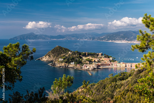 Fototapeta Naklejka Na Ścianę i Meble -  Panoramic view of Sestri Levante and its promontory; coastline of Liguria in the background