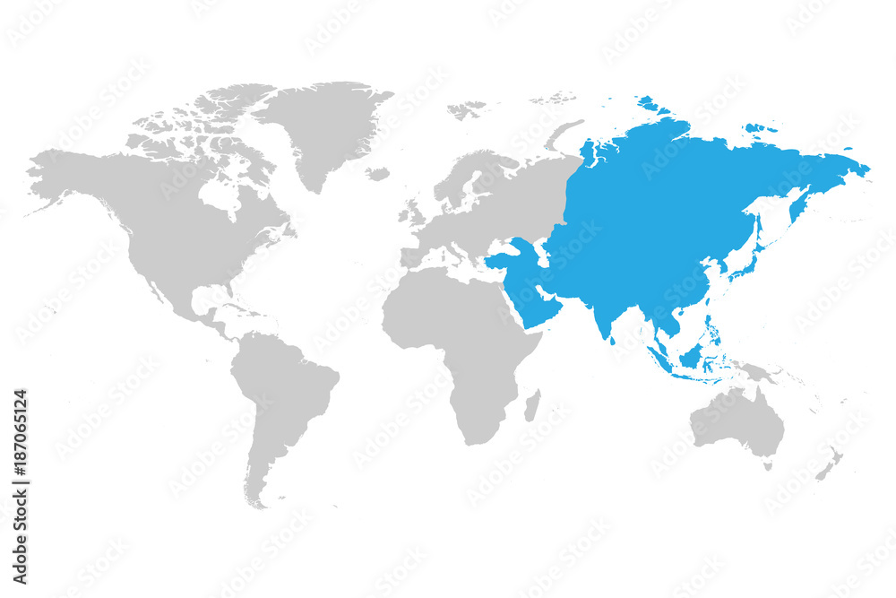 Asia continent blue marked in grey silhouette of World map. Simple flat vector illustration.