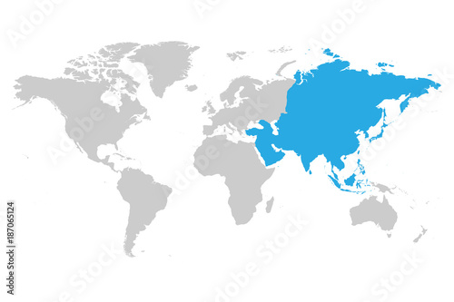 Asia continent blue marked in grey silhouette of World map. Simple flat vector illustration.