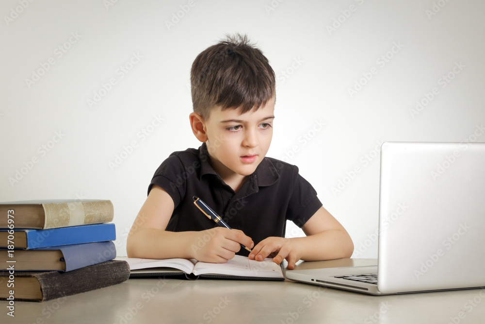 Young boy making notes in front of laptop Young boy making notes in front of laptop