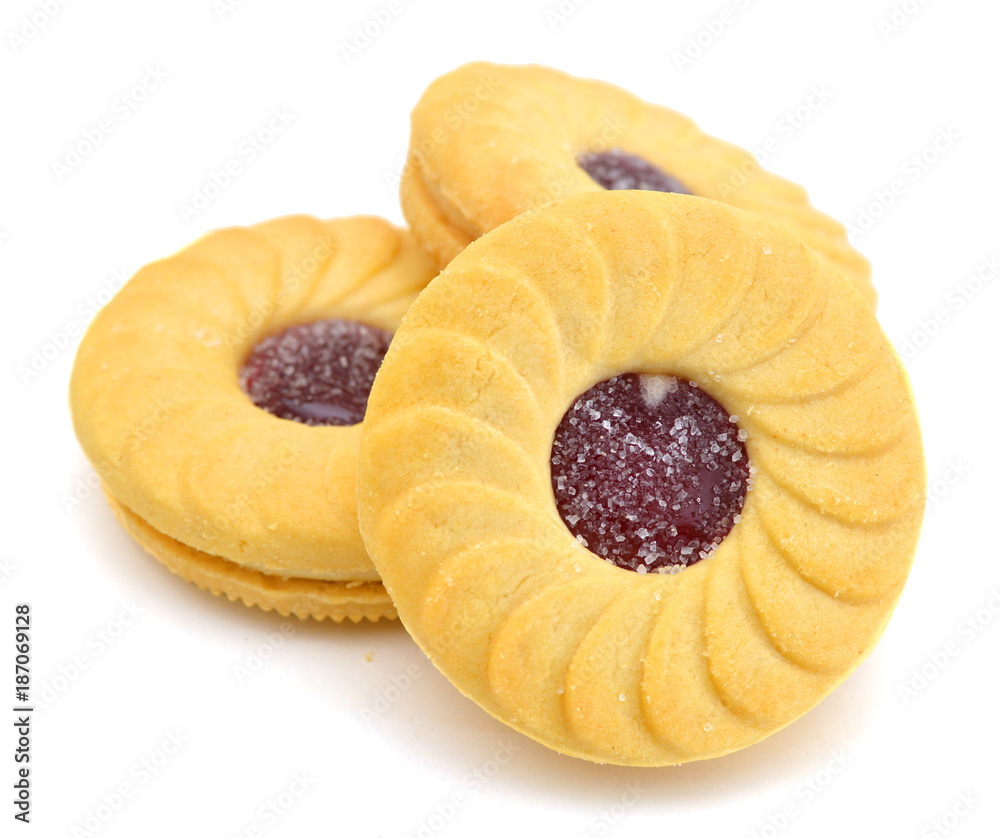 Closeup of Traditional Linzer Cookies on white background Closeup of Traditional Linzer Cookies on white background