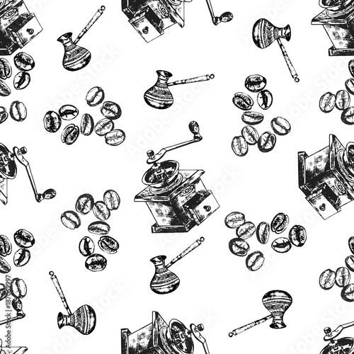 Seamless pattern of hand drawn sketch style coffee beans, coffee grinder and Turkish coffee pot. Vector illustration.