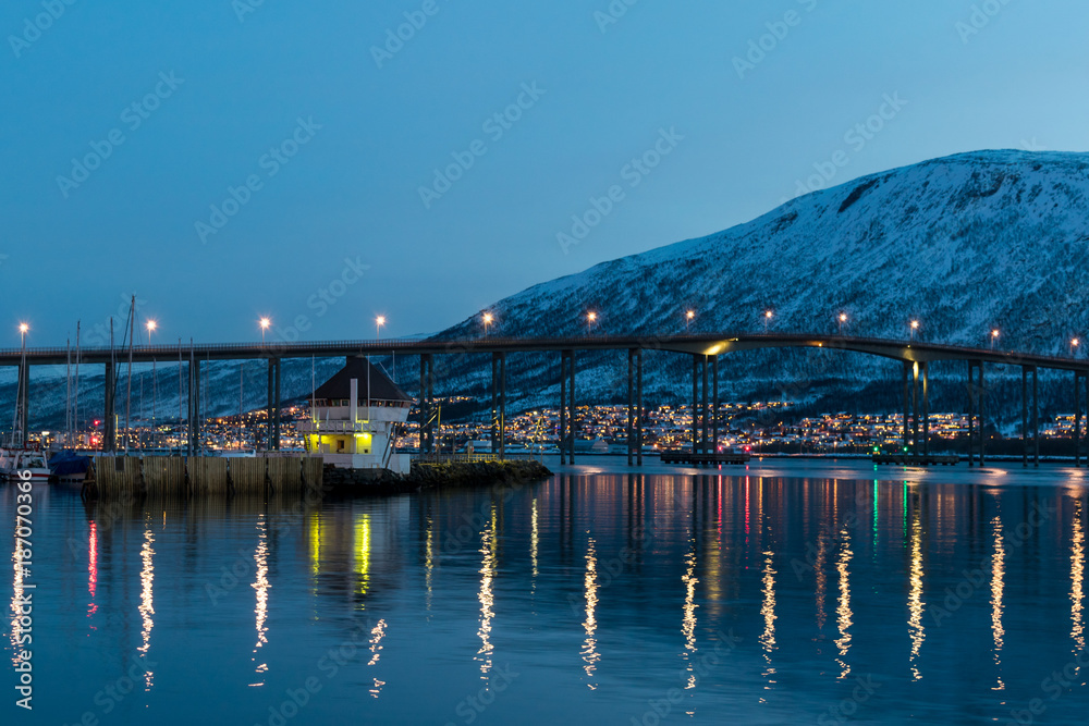 Skyline of Tromso in winter at twilight