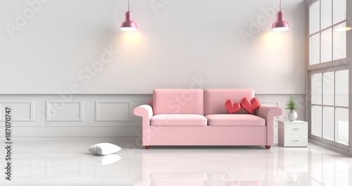 Two red hearts on pink sofa in white living room decor with tree,pillows, pink lamp, Wood bedside table, Window, White wall&floor. Rooms of Love on Valentine`s Day. Background and interior. 3D render.