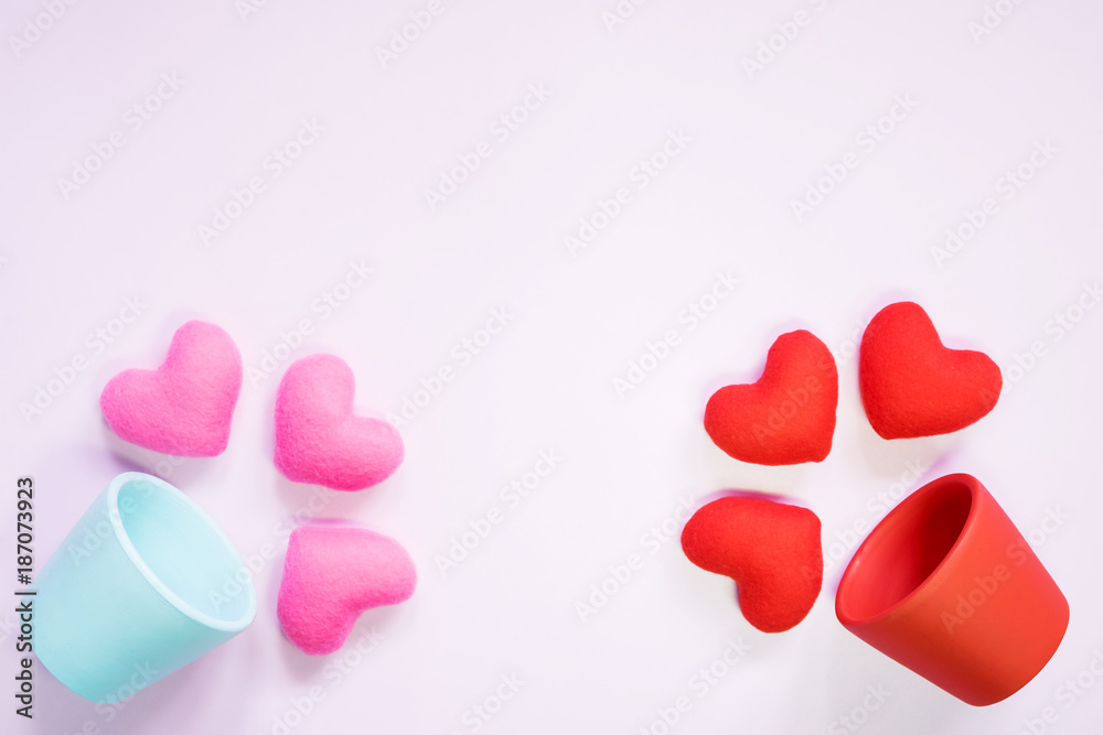 Top view of flat lay mockup with romantic decoration Romantic, St valentine's day concept with valentines mini pin heart on pot pink background with copy space minimal style. Top view of flat lay mockup with romantic decoration Romantic, St valentine's day concept with valentines mini pin heart on pot pink background with copy space minimal style.