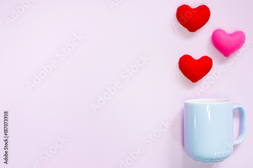 Fototapeta Naklejka Na Ścianę i Meble -  Top view of flat lay decoration Romantic, St valentine's day concept with pin hearts and cups or mug  on pink background and copy space.