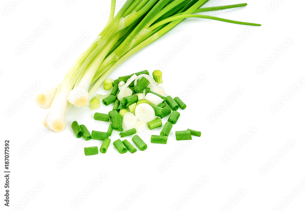 chopped green onions on white background chopped green onions on white background