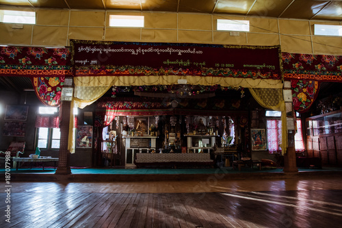 Inside a wooden Monastery in Myanmar Burma