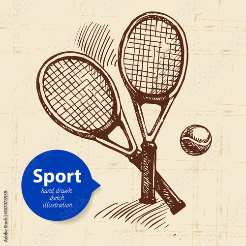Hand drawn sport object. Sketch tennis racquets. Vector illustration