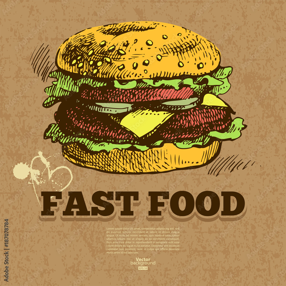 Plakat Rocznika fast foody tło. Ręcznie rysowane ilustracja. Wygląd menu