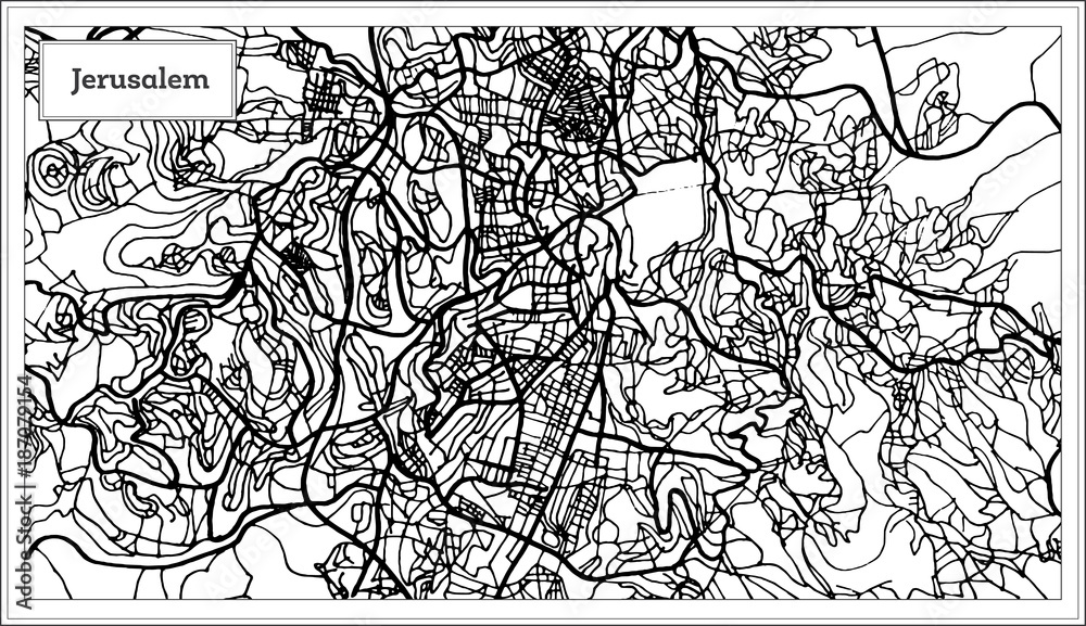 Jerusalem Israel City Map in Black and White Color.