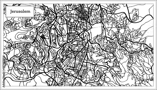 Photo Jerusalem Israel City Map in Black and White Color.