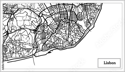Photo Lisbon Portugal Map in Black and White Color.