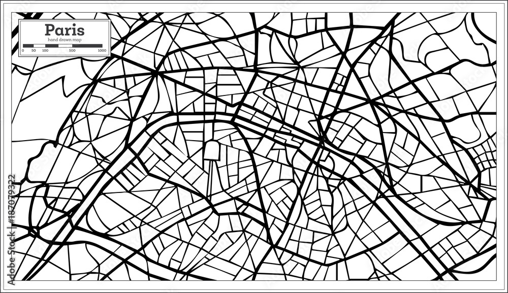 Paris France City Map in Black and White Color.