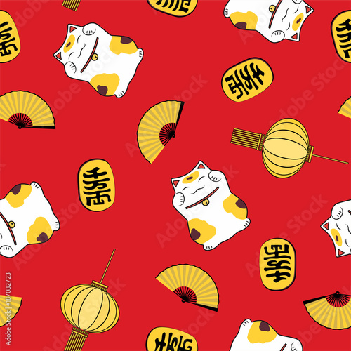 cute seamless pattern open fan happy coin festive lantern and symbol of good luck cat maneki neko on red background