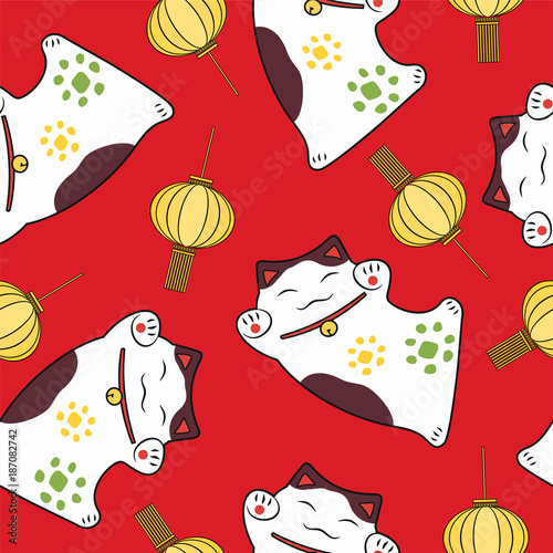 luck symbol seamless pattern cute maneki neko and festive lantern on a red background