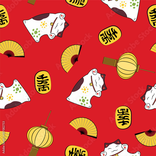 pattern seamless  cute festive lantern open fan happy coin and symbol of good luck cat maneki neko on red background